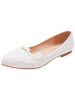 Elegant Pointed Toe Lace Pearls Bridal Shoes Pumps Soft Sole Ballet Flats